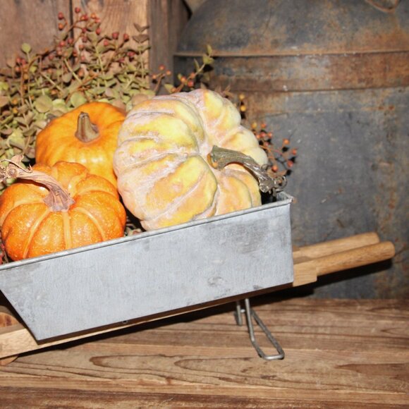 NEW Galvanized Metal & Wood Fall Farmhouse Wheelbarrow Decor Box - Picture 3 of 11